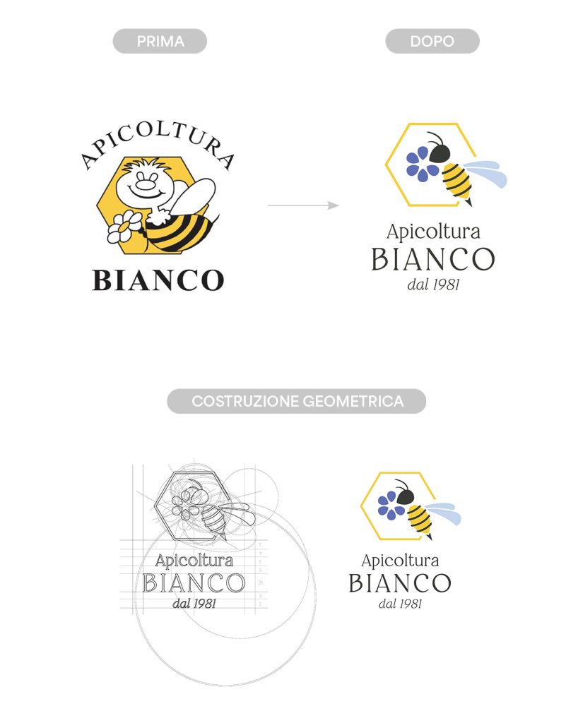 prima e dopo del restyling del logo e costruzion geometrica. La testa dell'ape è anche un petalo del fiore