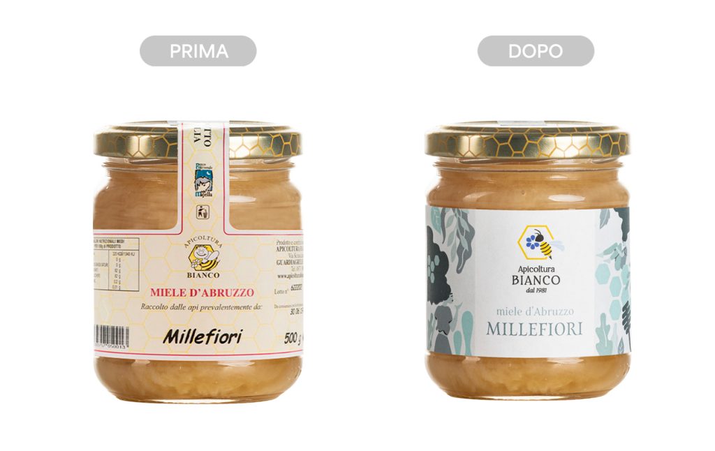 Prima e dopo del restyling packaging apicoltura Bianco.