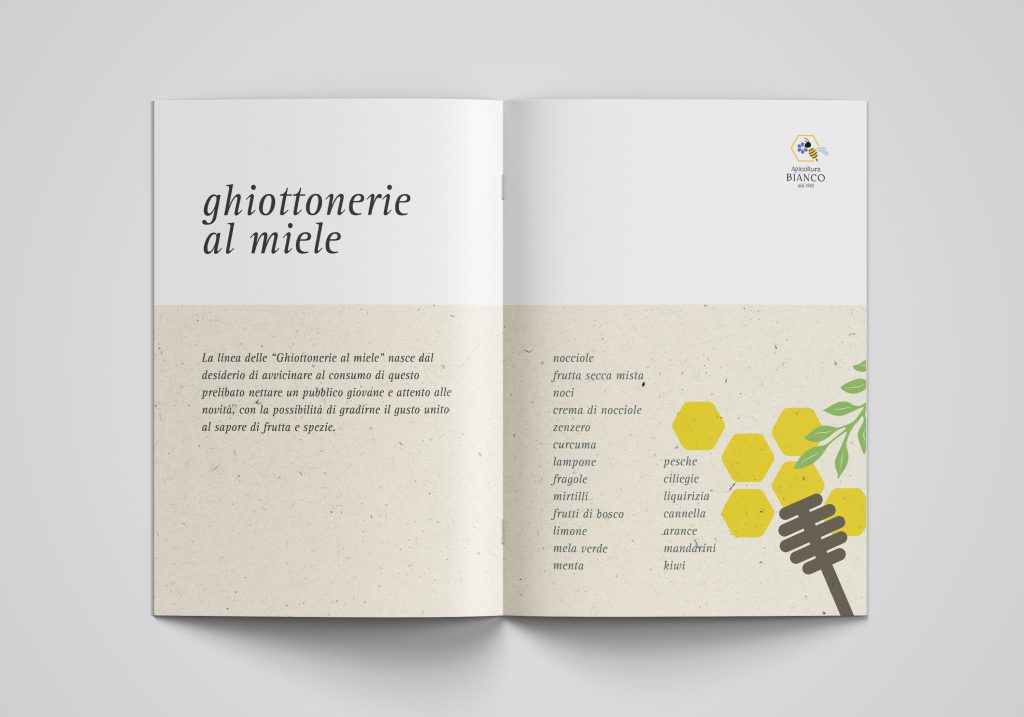 restyling brand identity, catalogo prodotti apicoltura bianco