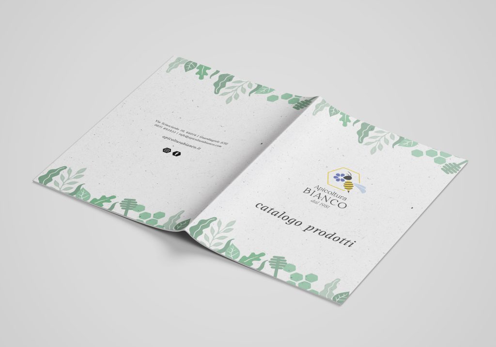 restyling brand identity, catalogo prodotti apicoltura bianco, esterno
