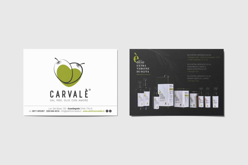 Brand identity per olio carvalè abruzzo. brochure e biglietto da visita.