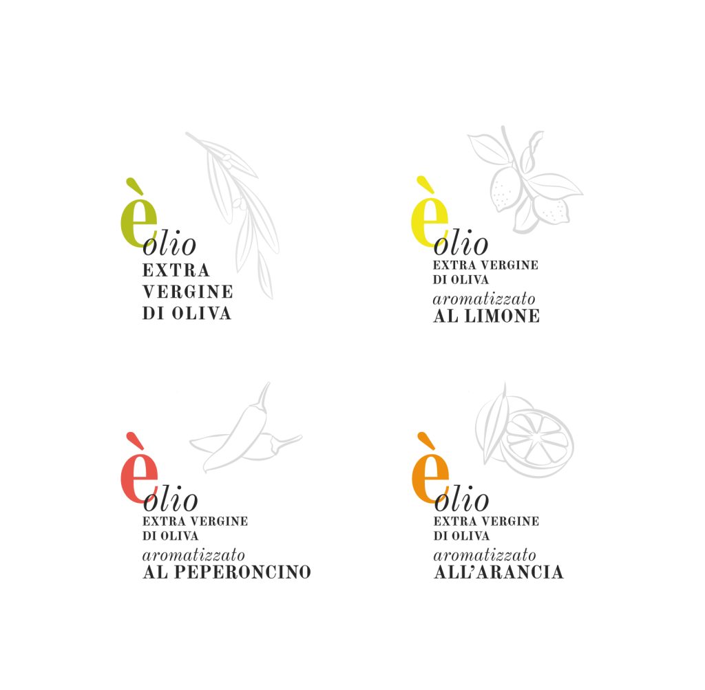 Etichette per i packaging di olio con logo declinato in base al prodotto
