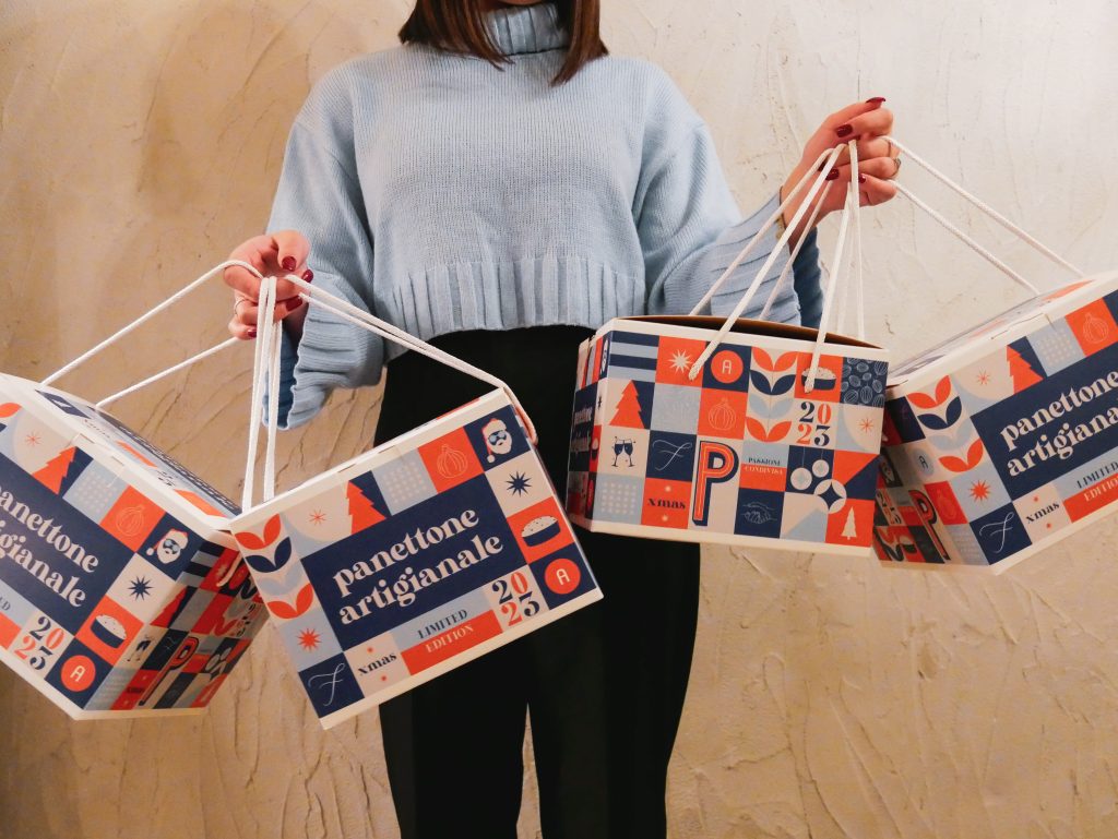 Packaging design per panettone artigianale in limited edition. un packaging fatto con pattern a blocchi, dove in ciascun riquadro si racconta una storia grazie alla grafica illustrata