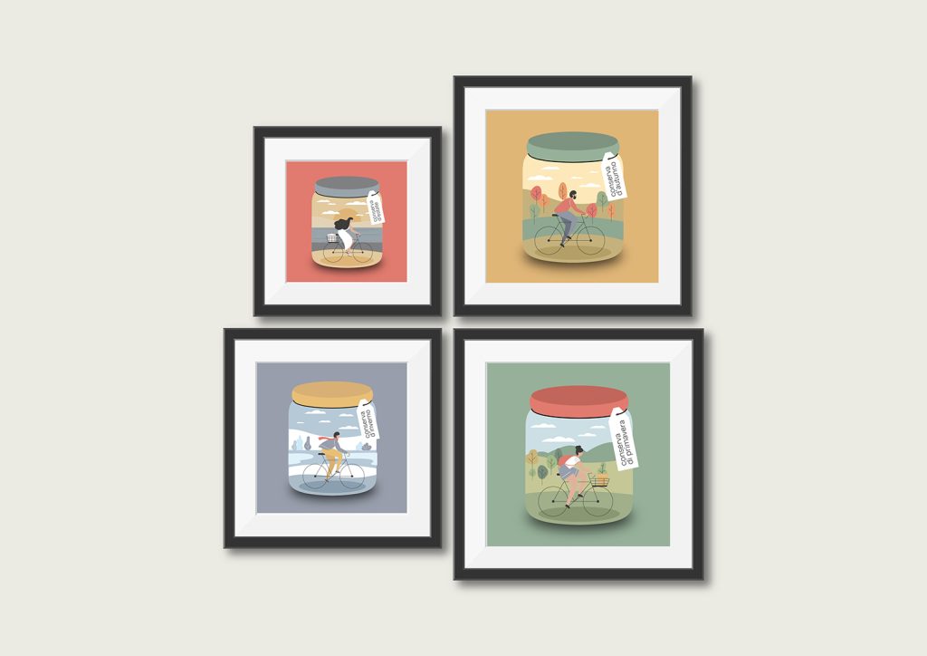 mockup di quadri appesi al muro con illustrazioni su conserve di stagione